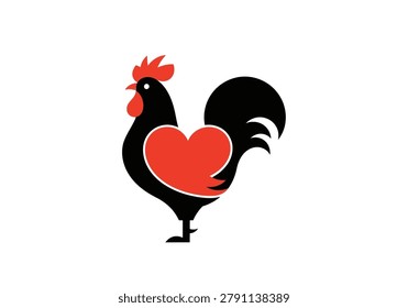 Artistic rooster with a large red heart on its chest, standing on one leg