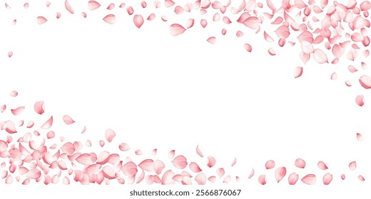 Artistic sakuta tree blossom petals flying on white groundwork vector illustration. Wedding floral decor elements. Airy spring pink bloom petals holiday Colorful sweet grace.