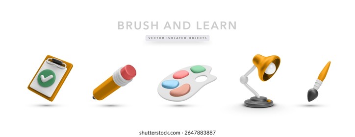 Artistic School Essentials Including Clipboard, Pencil, Color Palette, Desk Lamp, And Brush. Ideal For Creative Learning Materials. Colorful And Editable 3D Vector Illustration For Any Use.