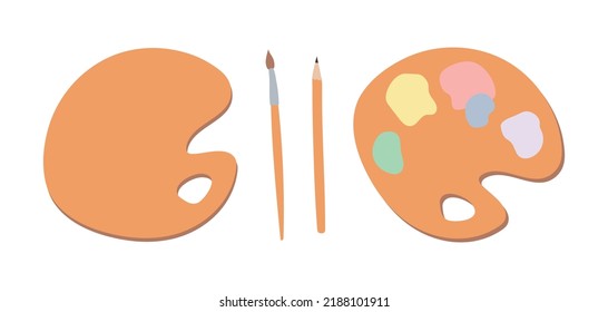 Artistic school supplies in flat design. Creative and education equipment - pencil, paint brush and palette for paints. Vector set of elements with art supplies, paint palette. Back to school.