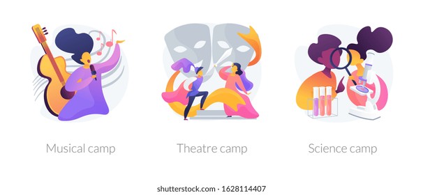 Artistic and scientific activities for children set. Musical, theatre science, camps metaphors. Developing creativity. Kids hobbies and entertainment. Vector isolated concept metaphor illustrations