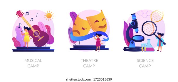 Artistic and scientific activities for children set. Musical, theatre science, camps metaphors. Developing creativity. Kids hobbies and entertainment. Vector isolated concept metaphor illustrations