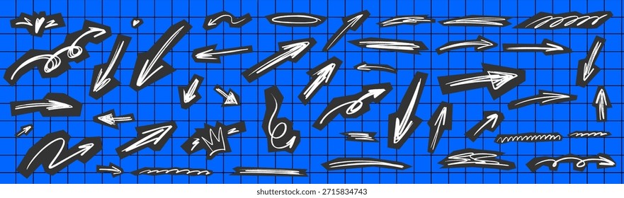 Paquete de flechas de scrapbook artístico que mezcla marcas sueltas de garabatos y superficies de papel afligidas. Las formas de flecha, los cortes de scrapbook, los detalles dinámicos de garabatos y las piezas de papel texturizadas hacen un estilo artesanal de tiza de crayón.