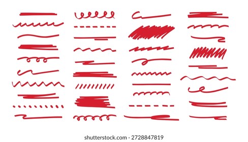 Künstlerische Kritzel unterstreicht Sammlung. Handgezeichnete rote Markierungsunterstreichung. Grunge-Kritzellinien für Typografie-Design einzeln auf weißem Hintergrund. 