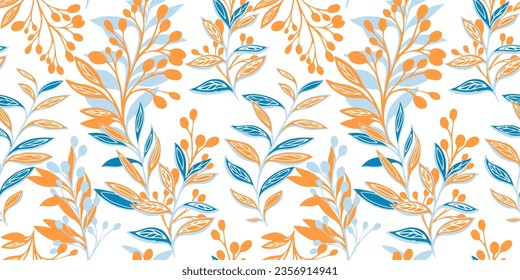 Artistic seamless background with  modern, colorful leaves  branches. Abstract vector hand drawn sketch silhouettes branches pattern. Template for textile, fashion, print, surface design