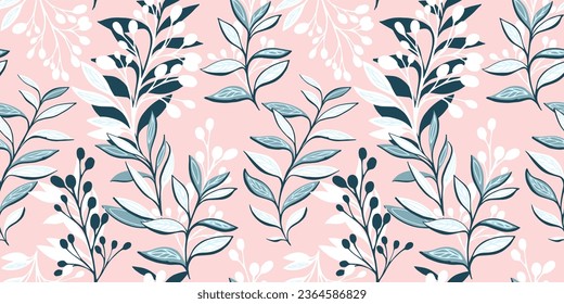 Artistic seamless background with  modern, colorful leaves  branches. Abstract vector hand drawn sketch silhouettes branches pattern.