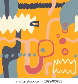 Artistic  seamless background with shapes, lines, spots, imprints, dots. Hand drawn unusual abstract pattern. Ready design ideas for for poster, trendy card, invitation, placard, brochure, flyer.