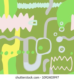 Artistic  seamless background with shapes, lines, spots, imprints, dots. Hand drawn unusual abstract pattern. Ready design ideas for for poster, trendy card, invitation, placard, brochure, flyer.