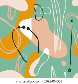 Artistic  seamless background with shapes, lines, spots, imprints, dots. Hand drawn unusual abstract pattern. Ready design ideas for for poster, trendy card, invitation, placard, brochure, flyer.