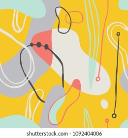 Artistic  seamless background with shapes, lines, spots, imprints, dots. Hand drawn unusual abstract pattern. Ready design ideas for for poster, trendy card, invitation, placard, brochure, flyer.