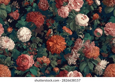 Artistic seamless botanical pattern featuring large abstract flowers in warm terracotta, rust, burnt orange, peach, and beige tones combined with deep green foliage on a dark navy background. Inspired by modern botanical illustration and contemporary textile design, this bold repeating pattern is ideal for fabrics, wallpaper, fashion prints, home décor, wrapping paper, packaging, stationery, and premium surface pattern applications.