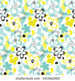 Artistic seamless pattern with abstract geometric flowers drawn with paintbrush in doodle style on white background. Vector texture design for wrapping paper, art and fabric print, wallpaper, decor