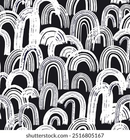Artistic seamless pattern with abstract hand drawn rainbows drawn with ink. Monochrome rainbow texture.Trendy creative  vector background.