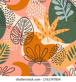 Patrón artístico sin fisuras con hojas abstractas. Diseño moderno para papel, cubierta, tela, decoración interior y otros usuarios.