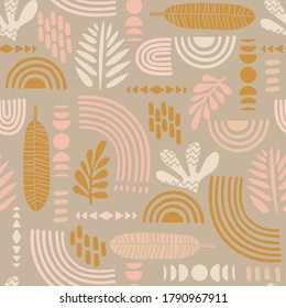 Artistic seamless pattern with abstract leaves and geometric shapes. Modern design for paper, cover, fabric, interior decor and other users.