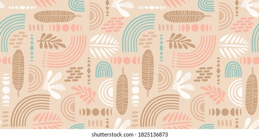 Artistic seamless pattern with abstract leaves and geometric shapes. Modern vector design for paper, cover, fabric, interior decor and other users.