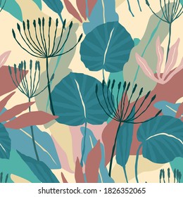 Patrón artístico sin fisuras con hojas abstractas. Diseño vectorial moderno para papel, cubierta, tela, decoración interior y otros usuarios.