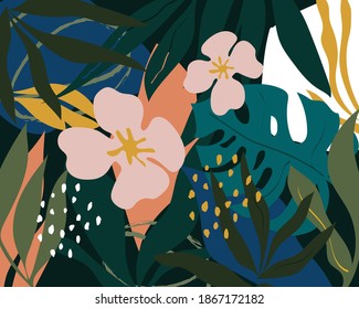 Artistic seamless pattern with abstract leaves and flowers, tropical plants. Modern vector design for paper, cover, fabric, interior decor and other users. Seamless. Vector pattern.