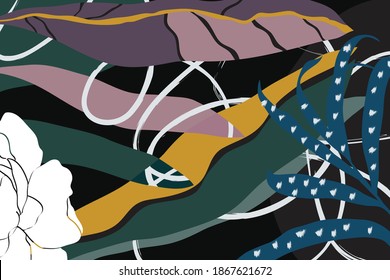 Artistic seamless pattern with abstract leaves and flowers, tropical plants in night jungle. Modern vector design for paper, cover, fabric, interior decor and more. Seamless pattern vector