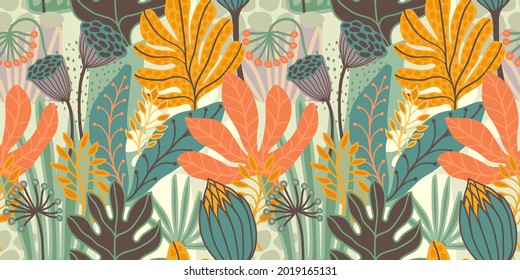 Patrón artístico sin fisuras con hojas abstractas. Diseño moderno para papel, cubierta, tela, decoración interior y otros usuarios.