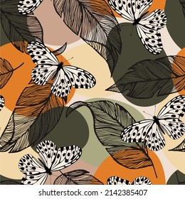 Artistic seamless pattern with abstract leaves and butterflies. Modern design for paper, cover, fabric, interior decor and other users.