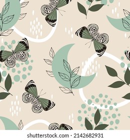 Artistic seamless pattern with abstract leaves and butterflies. Modern design for paper, cover, fabric, interior decor and other users.