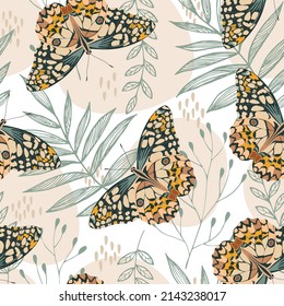 Artistic seamless pattern with abstract leaves and butterflies. Modern design for paper, cover, fabric, interior decor and other users.