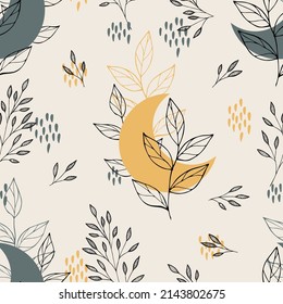 Artistic seamless pattern with abstract leaves and crescents. Modern design for paper, cover, fabric, interior decor and other users.