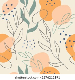 Patrón artístico sin fisuras con hojas, contornos y puntos abstractos en tonos pastel suaves. Fondo interminable de ilustración vectorial. Diseño moderno para papel, cubierta, tela, decoración interior y carteles