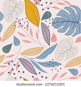 Artistic seamless pattern with abstract leaves, spots and dots in pastel colors. Vector illustration endless backdrop. Modern trendy design for paper, cover, fabric, interior decor and posters