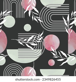 Artistic seamless pattern with abstract leaves and geometric shapes. Modern design for paper, cover, fabric, interior decor and other users.