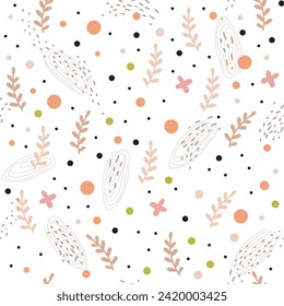 Artistic seamless pattern with abstract leaves, spots and dots in soft pastel colors. Vector illustration endless backdrop. Modern trendy design for paper, cover, fabric, interior decor and posters