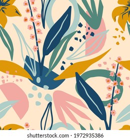 Artistic seamless pattern with abstract leaves,flowers and shapes. Modern colorful design for wallpaper, fabric, Interior decor and stationery.