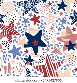 Artistic seamless pattern with abstract stars spots and dots in bright colors. Vector illustration endless backdrop. Modern trendy design for paper, cover, fabric, interior decor and posters