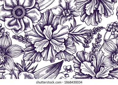 Artistic seamless pattern with anemone, lavender, rosemary everlasting, phalaenopsis, lily, iris