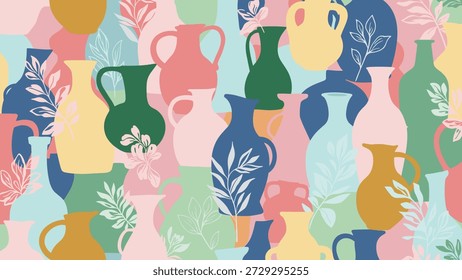 Artistic seamless pattern background featuring various colorful vases and jugs decorated with delicate leaf silhouettes in soft pastel tones.