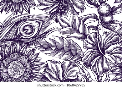 Artistic seamless pattern with banana palm leaves, hibiscus, solanum, bromeliad, peacock feathers, protea