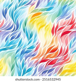 Artistic seamless pattern of colorful feathers. Abstract vector design of array of pink, blue, and yellow hues, fashionable watercolor pattern. Feathers bird plumes, elegance and beauty. 