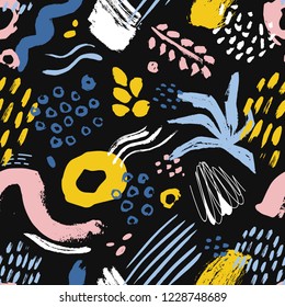 Artistic seamless pattern with colorful paint stains, marks, traces, drops on black background. Creative vector illustration in modern art style for wrapping paper, wallpaper, fabric print, backdrop.
