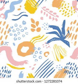 Artistic seamless pattern with colorful paint stains, marks, traces, drops on white background. Creative vector illustration in modern art style for wrapping paper, wallpaper, fabric print, backdrop.