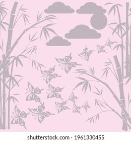 Artistic seamless pattern with decorative bamboo trees, butterflies and clouds. Modern designs for paper, covers, fabrics, t-shirts, interior decoration and other users. colorful background