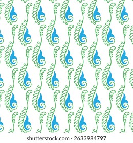 Artistic seamless pattern featuring abstract blue floral drops and green curving vines on white background