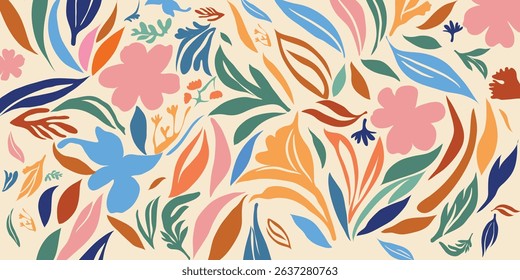 An artistic seamless pattern featuring abstract hand drawn flowers and botanical elements. This versatile vector illustration is perfect for fabric, textiles, clothing, posters, covers, banners