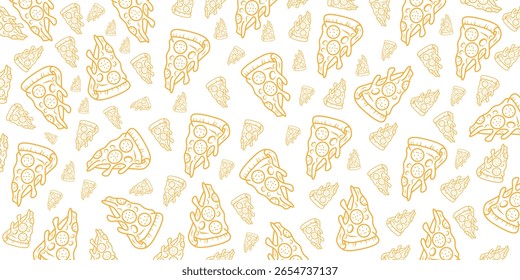 Um padrão artístico sem emenda com contornos de fatias de pizza em um fundo branco. Ótimo para uso como papel de parede, papel de embrulho ou design de fundo para projetos com temas de alimentos.