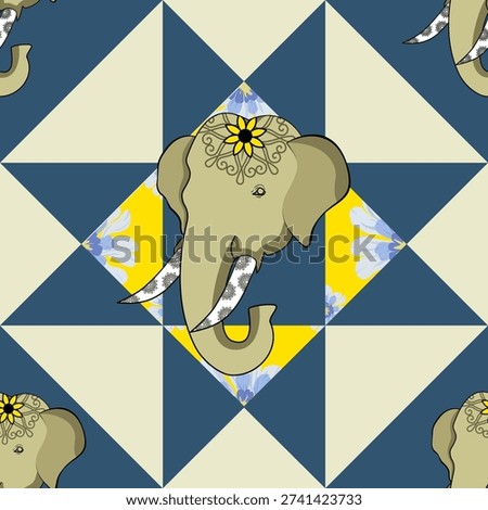 An artistic seamless pattern featuring a regal elephant adorned with intricate details, set against a backdrop of geometric shapes and floral accents.