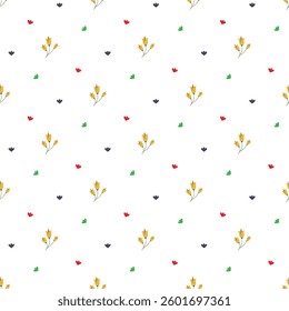 An artistic seamless pattern featuring small delicate flowers in yellow, red, green, and black, creating a minimalist floral decoration.