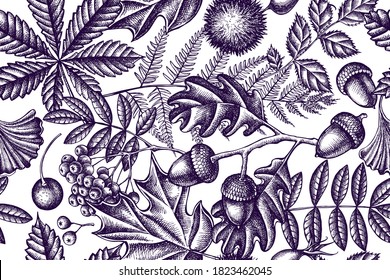 Artistic seamless pattern with fern, dog rose, rowan, ginkgo, maple, oak, horse chestnut, chestnut, hawthorn