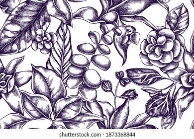 Artistic seamless pattern with ficus, iresine, kalanchoe, calathea, guzmania