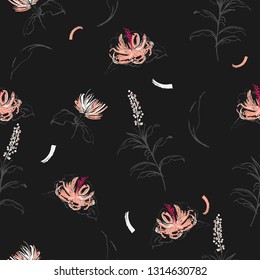 Artistic Seamless pattern flower Blooming  made with free hand sketch doodle Vector.Design for fashion , fabric wallpaper, web and all prints on black