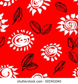 Artistic seamless pattern with flower and leaf. Abstract ink floral background in doodle black, red and white style. Design for wrapping and textile